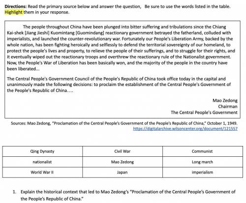 HELP PLEASE: Explain the historical context that led to Mao Zedong’s “Proclamation of the Central P