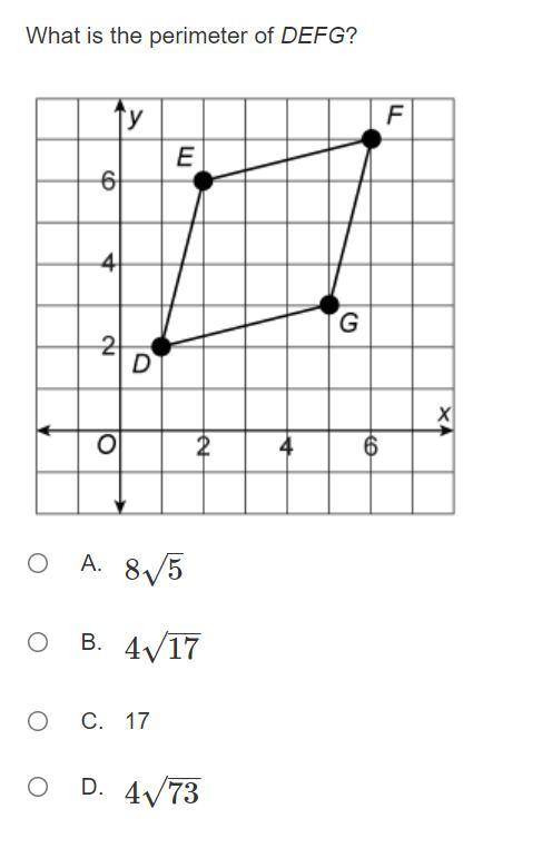 What is the perimeter of DEFG if D is located (1,2), E is located (2,6), F is located (6,7), G is l