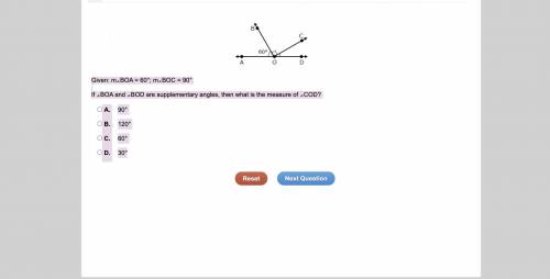 Given: m∠BOA = 60°; m∠BOC = 90°

If ∠BOA and ∠BOD are supplementary angles, then what is the measu