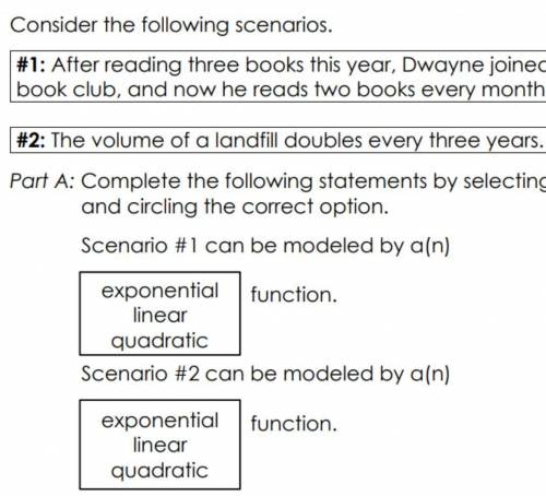 Scenario 1 can be modeled by a (linear, quadratic, or exponential) and Scenario 2 can be modeled by