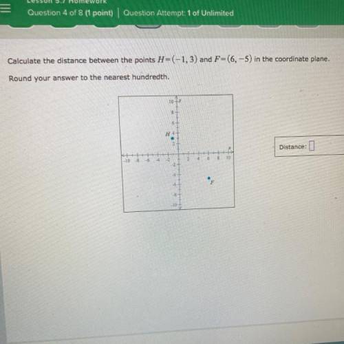 Calculate the distance between the points H=(-1,3) and F=(6,-5) in the coordinate plane.

Round yo