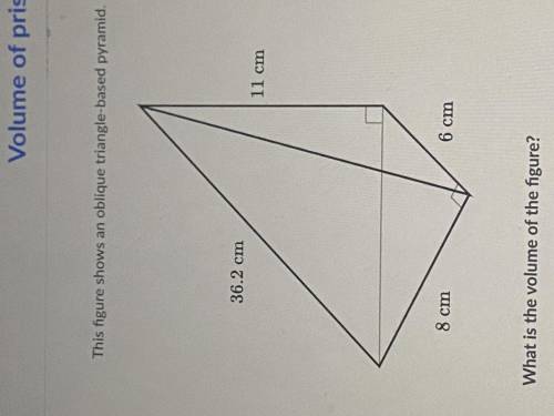 This figure shows an oblique triangle-based pyramid.
What is the volume of the figure?