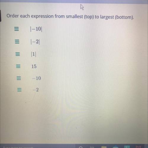 Order each expression from smallest (top) to largest (bottom).

|-10
|--2
III
15
10
III III
2