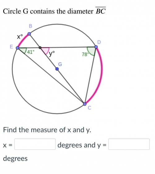 Find the measure of x and y.
x = _____ degrees and y =_____ degrees
