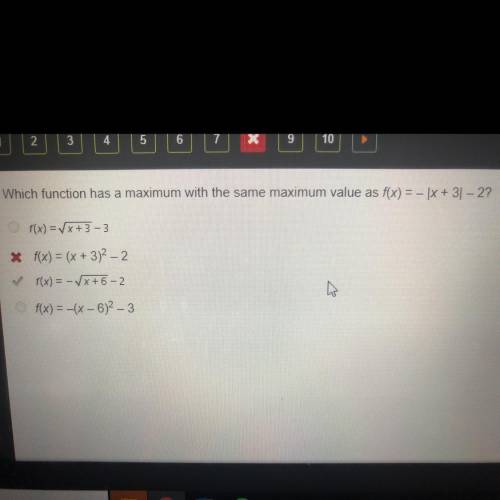 Which function has a maximum with the same maximum value as 
f(x)=-|x-3|-2?