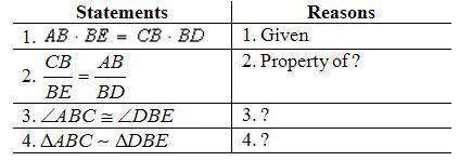 Given: AB · BE = CB · BD
Prove: ΔABC ~ ΔDBE
PLZ HELPPP