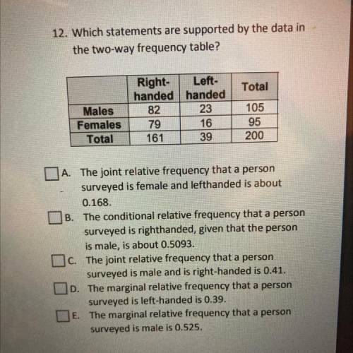 HELP IS DO TODAY

12. Which statements are supported by the data in
the two-way frequency table?
T