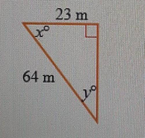 In the triangle shown below, (a) what is the value of “x” and (b) what is the value of “y”? Round e