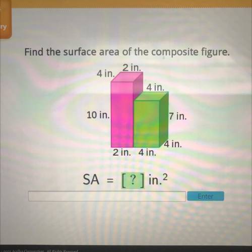 Find the surface area of the composite figure.

2 in.
4 in.
4 in.
10 in.
7 in.
4 in.
2 in. 4 in.