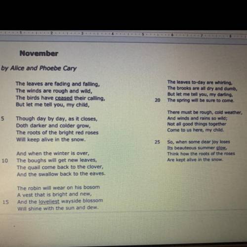 HELP ASAP!! THIS IS FOR 20 POINTS PLEASE HELP!

1. What is the big idea in the poem “November”? 
2