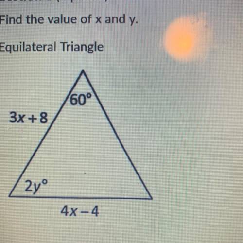 Find the value of x and y for this equilateral triangle