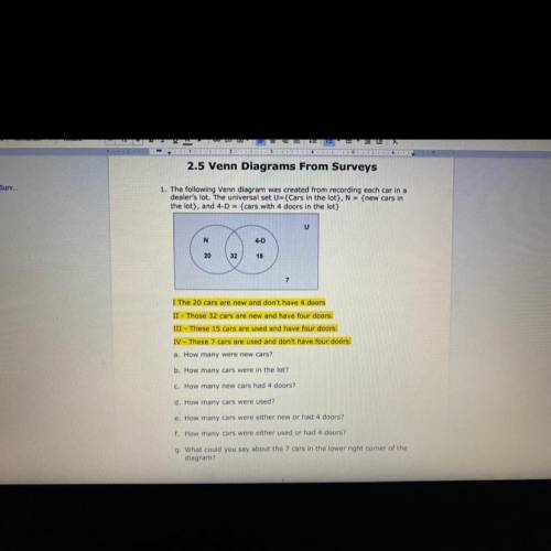 1. The following Venn diagram was created from recording each car in a

dealer's lot. The universa