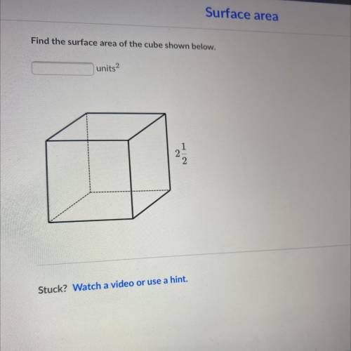 Surface area
Find the surface area of the cube shown below.
units?