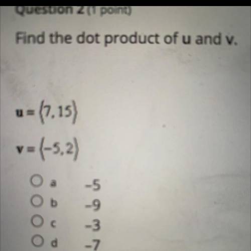 Find the dot product of u and v.
u=(7,15)
v = (-5,2)