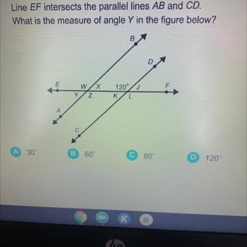 Line EF intersects the parallel lines AB and CD.

What is the measure of angle Y in the figure bel