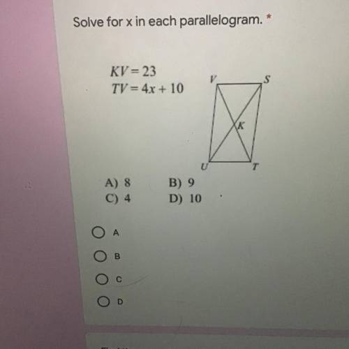 Solve for x in the parallelogram.*
No links