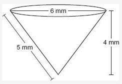 Which is closest to the volume of this circular cone?

a. 150.8 mm cubed
b. 37.5 mm cubed
c. 47.12