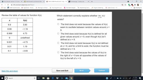 Which statement correctly explains whether Limit of h (x) as x approaches 9 exists?