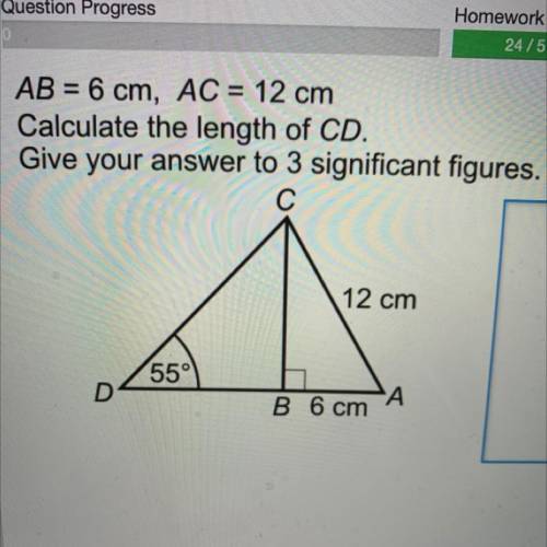 AB = 6 cm, AC = 12 cm

Calculate the length of CD.
Give your answer to 3 significant figures.
12 c