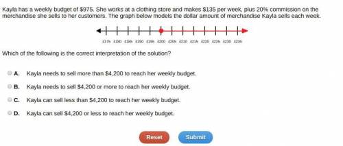Kayla has a weekly budget of $975. She works at a clothing store and makes $135 per week, plus 20%