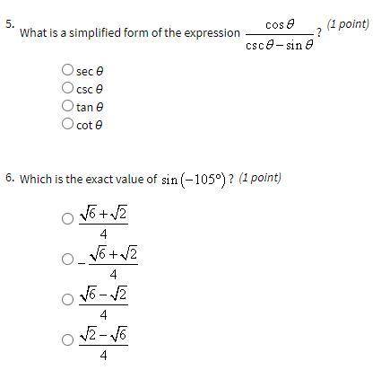 Help pls
What is a simplified form of the expression cos theta/csc theta-sin theta?