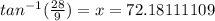 tan^{-1}(\frac{28}{9})=x=72.18111109