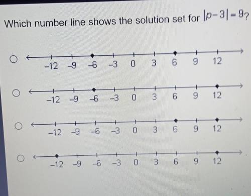 Which number line shows the solution set for 1p-31= 9? + + + + -3 + 12 -12 -9 무 0 3 6 9 + -12 -9 +