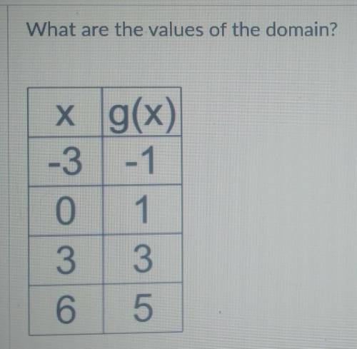 X g(x)

-3 -1 0 1 3 3 6 5what are the values of the domain using set notation? example: {-2,0,2,4}