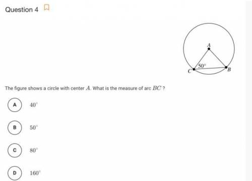 The figure shows a circle with a center A. What is the measure of arc BC