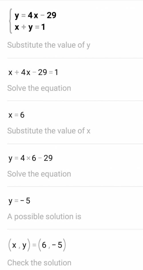 What is y=4x-29
x+y=1
MUST SHOW WORK!!