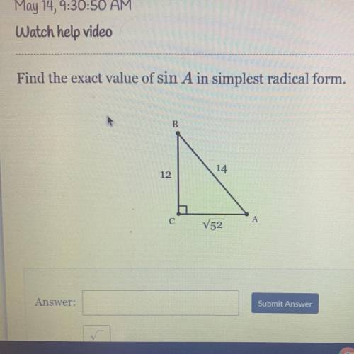 Find the exact value of sin A in simplest radical form.