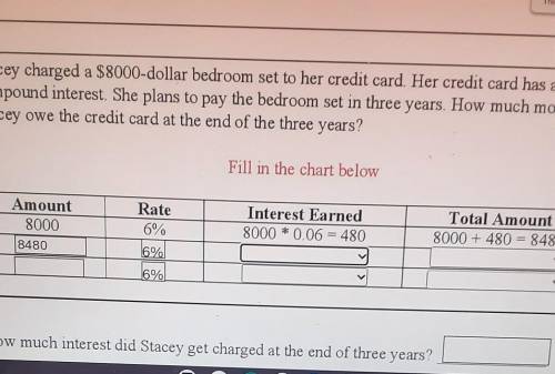 Stacey charged a $8000-dollar bedroom set to her credit card. Her credit card has a 6% compound int