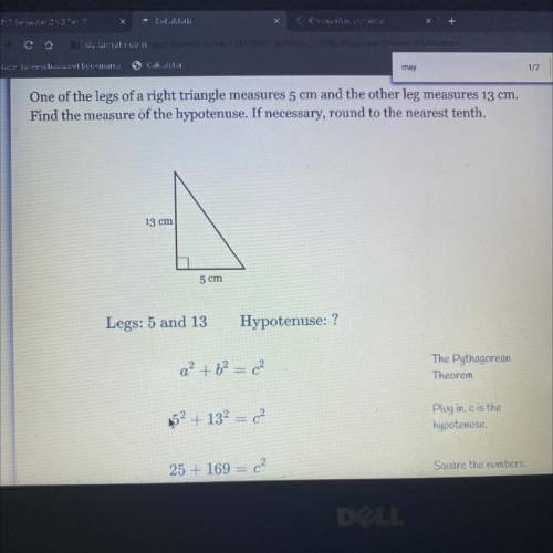 One of the legs of a right triangle measures 5 cm and the other leg measures 13 cm.

Find the meas