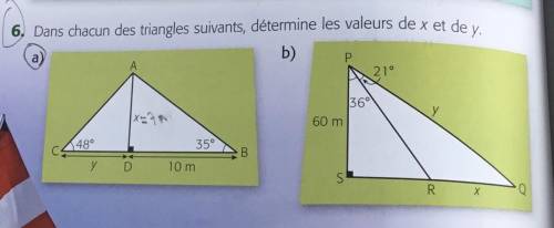 #6 In each of the following triangles, determine the values of x and y.

I just need help with the