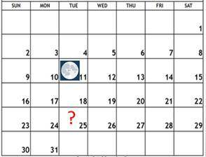 On the calendar provided below, the full moon is shown happening on the eleventh of the month? What