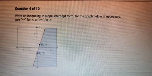 Write an inequality, in slope-intercept form, for the graph below, If necessary, use'<=' for s o