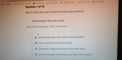 Which is the best way to write the following sentence? Swimming in the new suits. Click for the pas