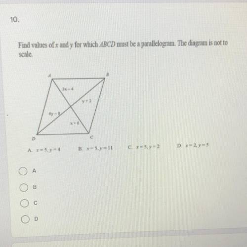 Find values of x and y for which ABCD must be a parallelogram the diagram is not to scale