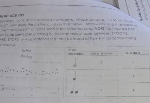 MUSIC ACTIVITY

Directions: Look at the selected non-Islamic, Mindanao song, Tu Man (T'bolisong)