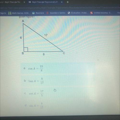 Which equation shows a correct trigonometric ratio for the
given figure?