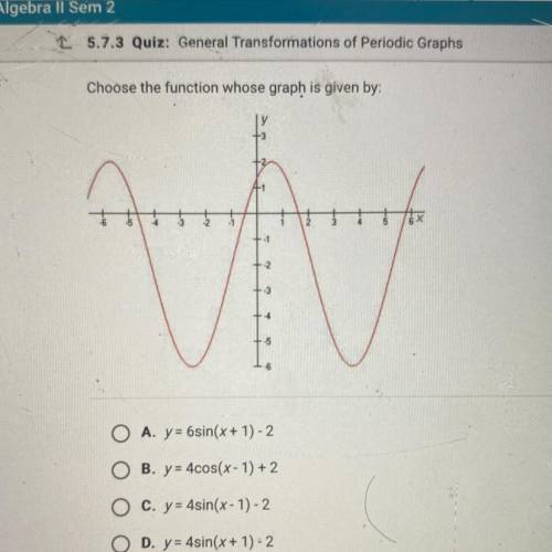 Choose the function whose graph is given by:

-2
-5
-6
O A. y = 6sin(x + 1) - 2
O B. y= 4cos(x - 1