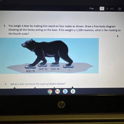 You weigh a bear by making him stand on four scales as shown. Draw a free-body diagram showing all
