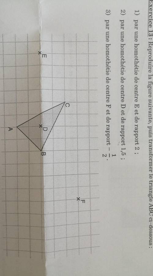 Exercice 13: Reproduire la figure suivante, puis transformer le triangle ABC ci-dessous :

1) par