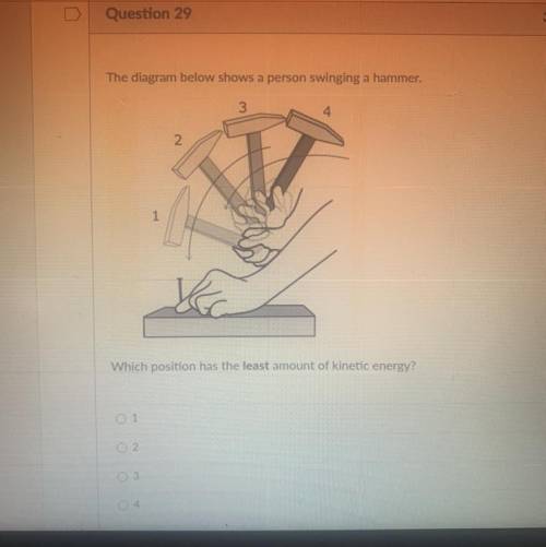 The diagram below shows a person swinging a hammer.

Which position has the least amount of kineti