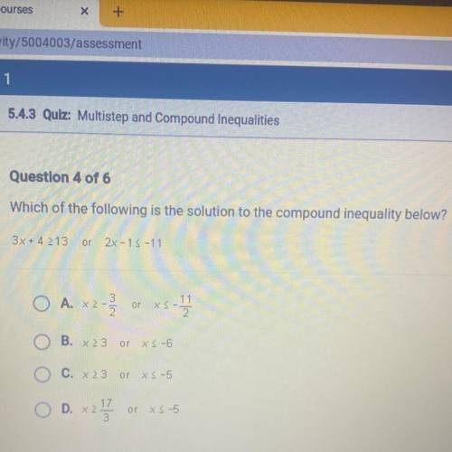Which of the following is the solution to the compound inequality below?
3x + 4 213 or 2x-13-11