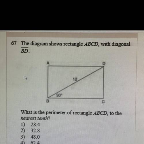 The diagram shows rectangle ABCD, with diagnal BD. What is the perimeter of rectangle ABCS, to the
