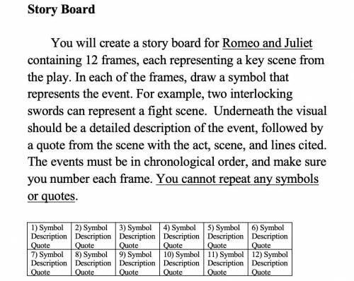 PLEASE ANSWER IF YOU CAN AND WHATEVER YOU CAN

Romeo and Juliet -
Story Board
You will create a st