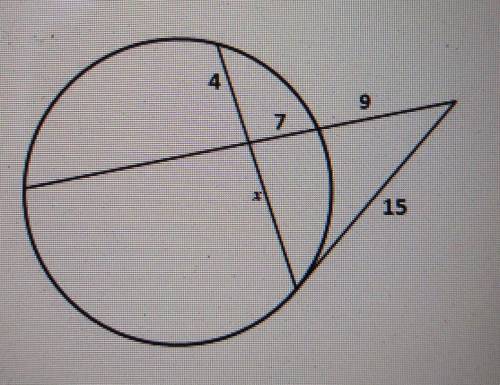 The figure consists of a chord, a secant, and a tangent to the circle. Find the value of x and roun