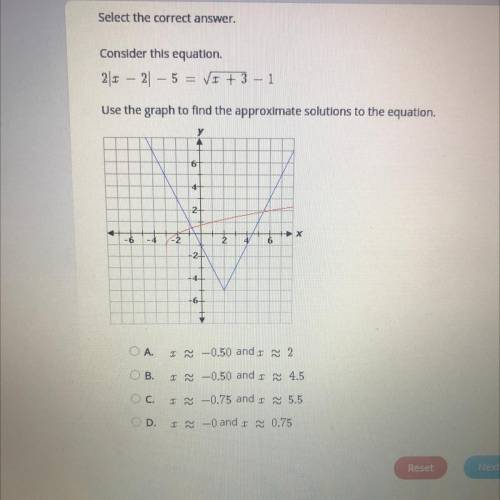 Select the correct answer. Consider the equation. 2|x - 2| - 5 = square root x+3 - 1 use the graph