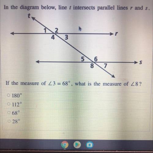 In the diagram below, line t intersects parallel lines r and s.

2
4
3
5
6
8
s
7
If the measure of